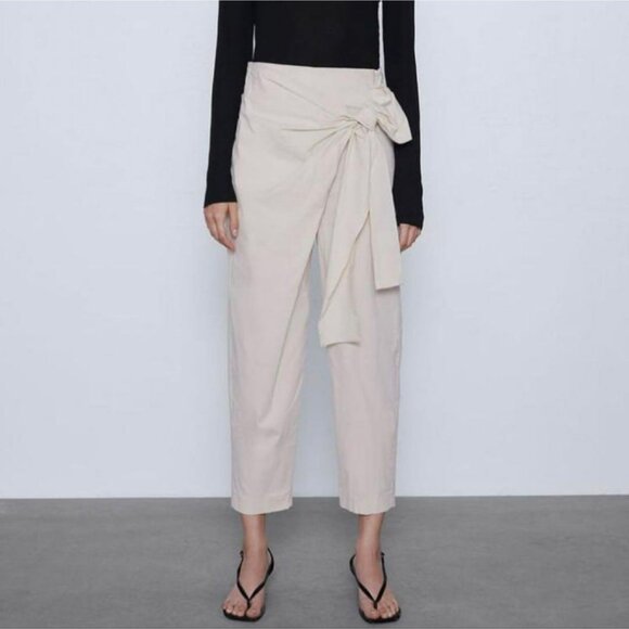 Zara Womens XL High Waisted Tapered Leg Capri Trousers Pants Cream Off White - Picture 2 of 16